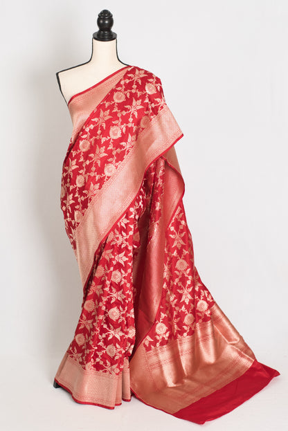 Rukhmani : Silk Mark Certified Bridal Jaal Banarasi Katan Silk Saree in True Red