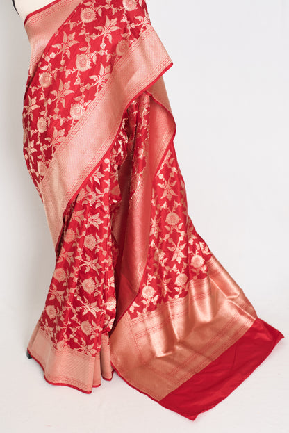 Rukhmani : Silk Mark Certified Bridal Jaal Banarasi Katan Silk Saree in True Red