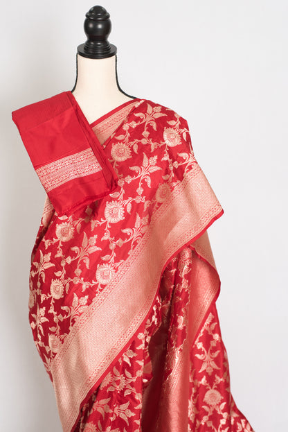 Rukhmani : Silk Mark Certified Bridal Jaal Banarasi Katan Silk Saree in True Red