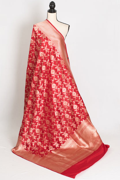 Rukhmani : Silk Mark Certified Bridal Jaal Banarasi Katan Silk Saree in True Red