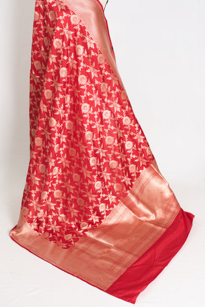 Rukhmani : Silk Mark Certified Bridal Jaal Banarasi Katan Silk Saree in True Red