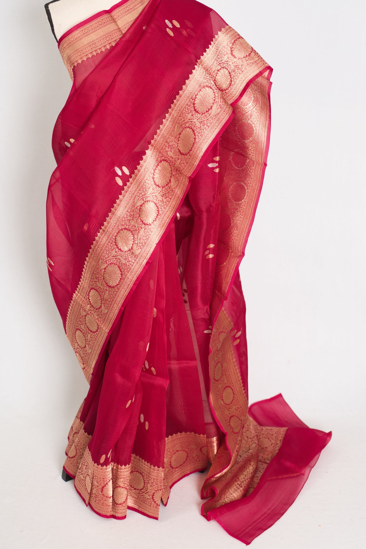 Reddish pink organza Banarasi saree; Silk Mark certified gold zari handloom for weddings. Fast shipping within the USA.