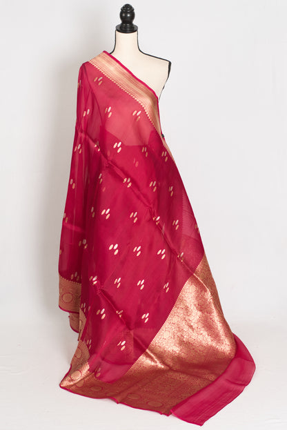 Reddish pink organza Banarasi saree; Silk Mark certified gold zari handloom for weddings. Fast shipping within the USA.