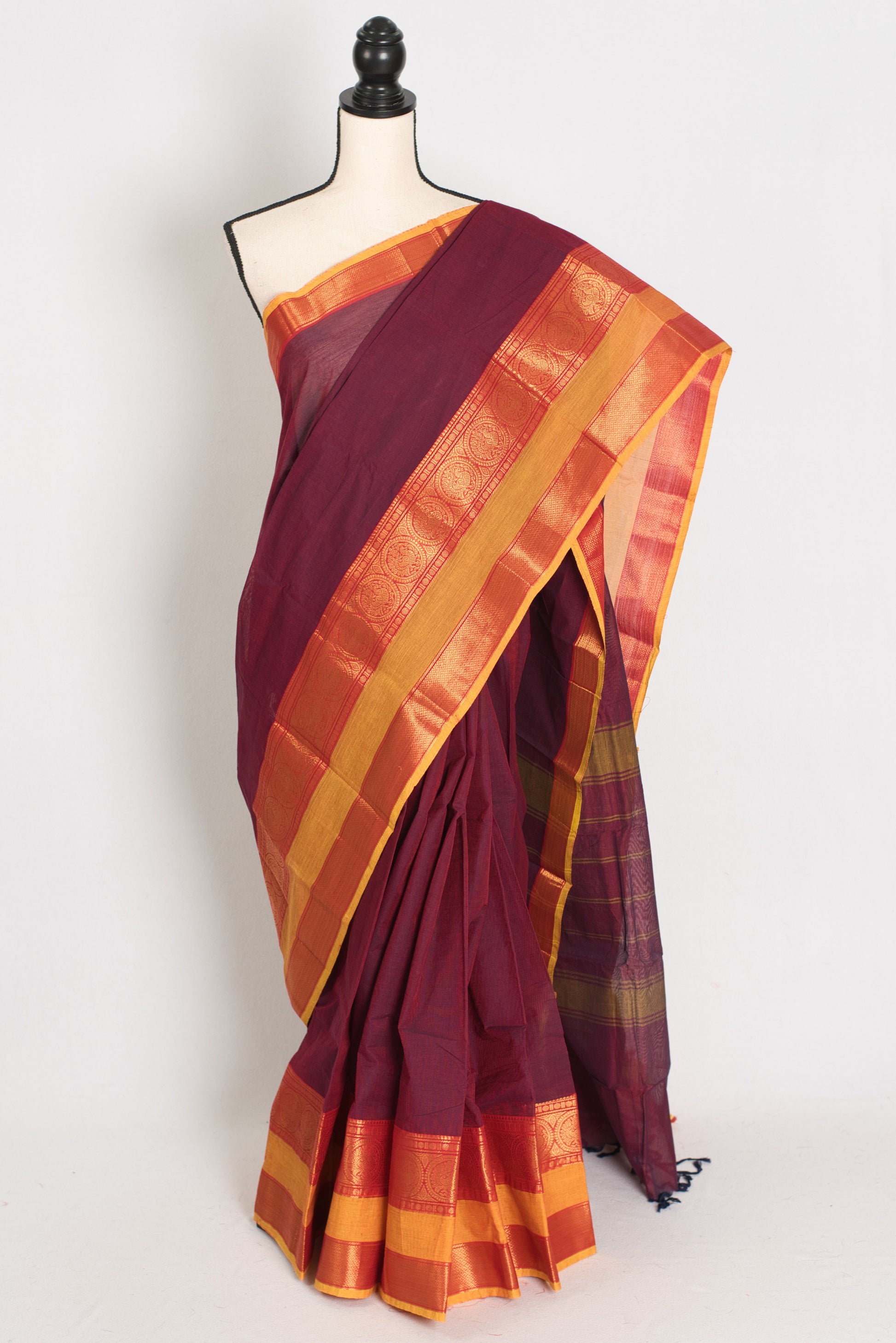 Mandira : Handwoven Kanchi Cotton Saree in Maroon and Yellow