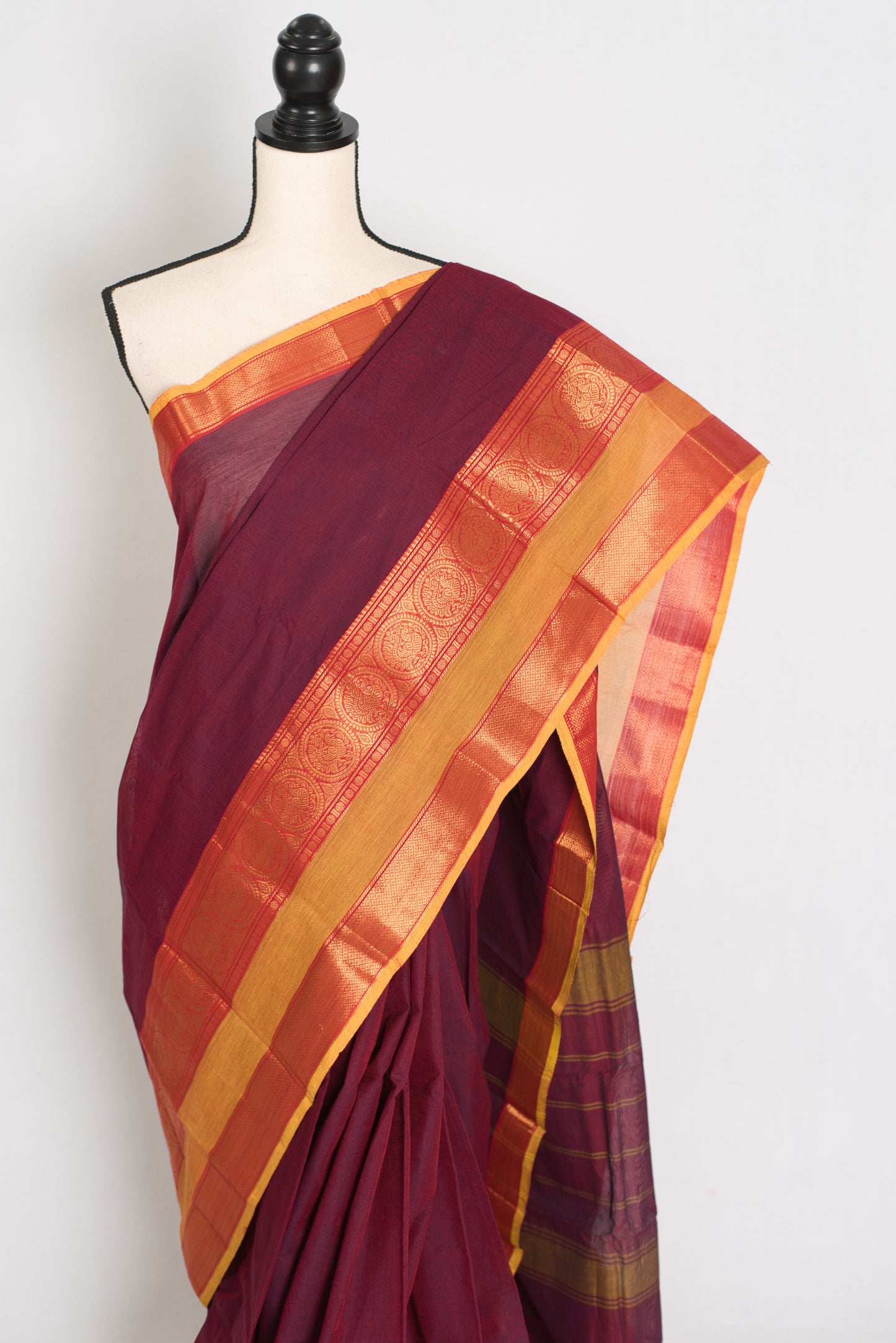 Mandira : Handwoven Kanchi Cotton Saree in Maroon and Yellow
