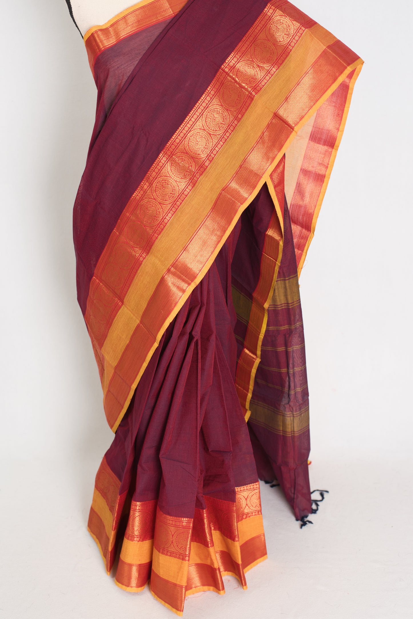 Mandira : Handwoven Kanchi Cotton Saree in Maroon and Yellow