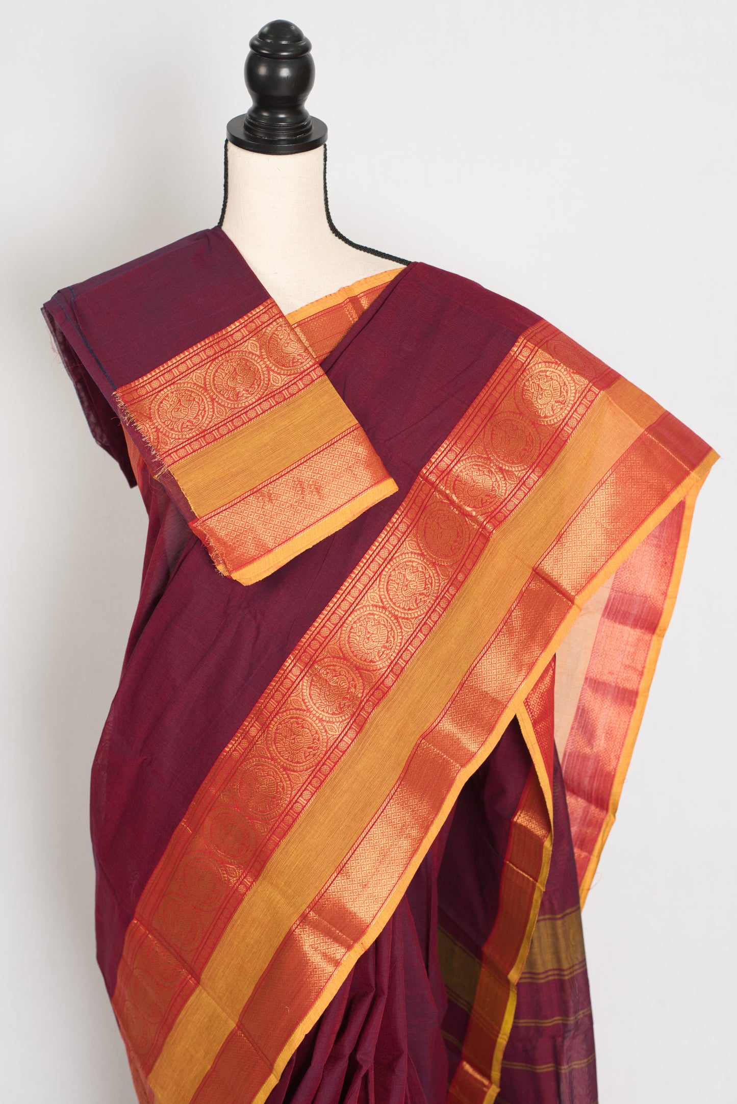 Mandira : Handwoven Kanchi Cotton Saree in Maroon and Yellow
