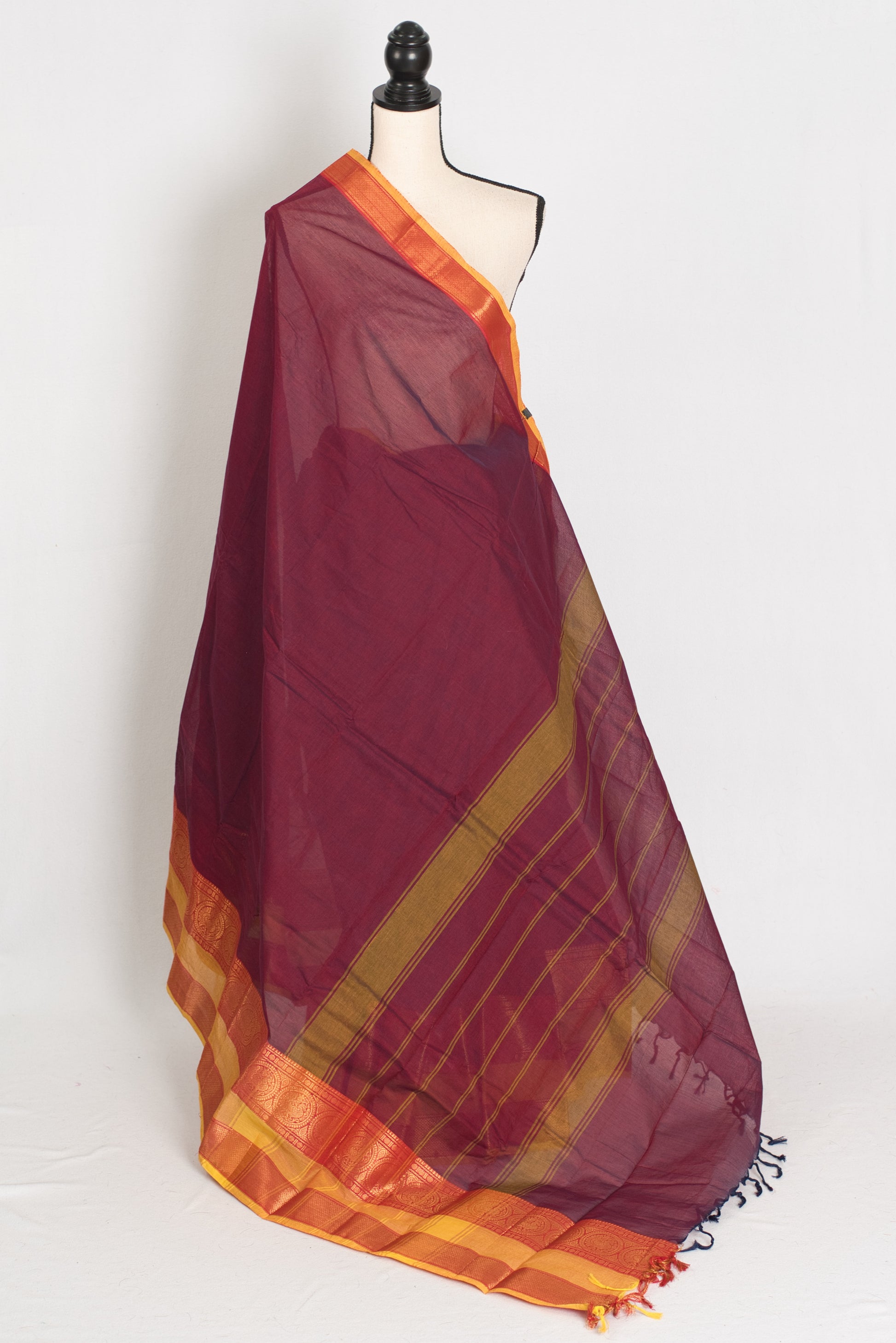 Mandira : Handwoven Kanchi Cotton Saree in Maroon and Yellow
