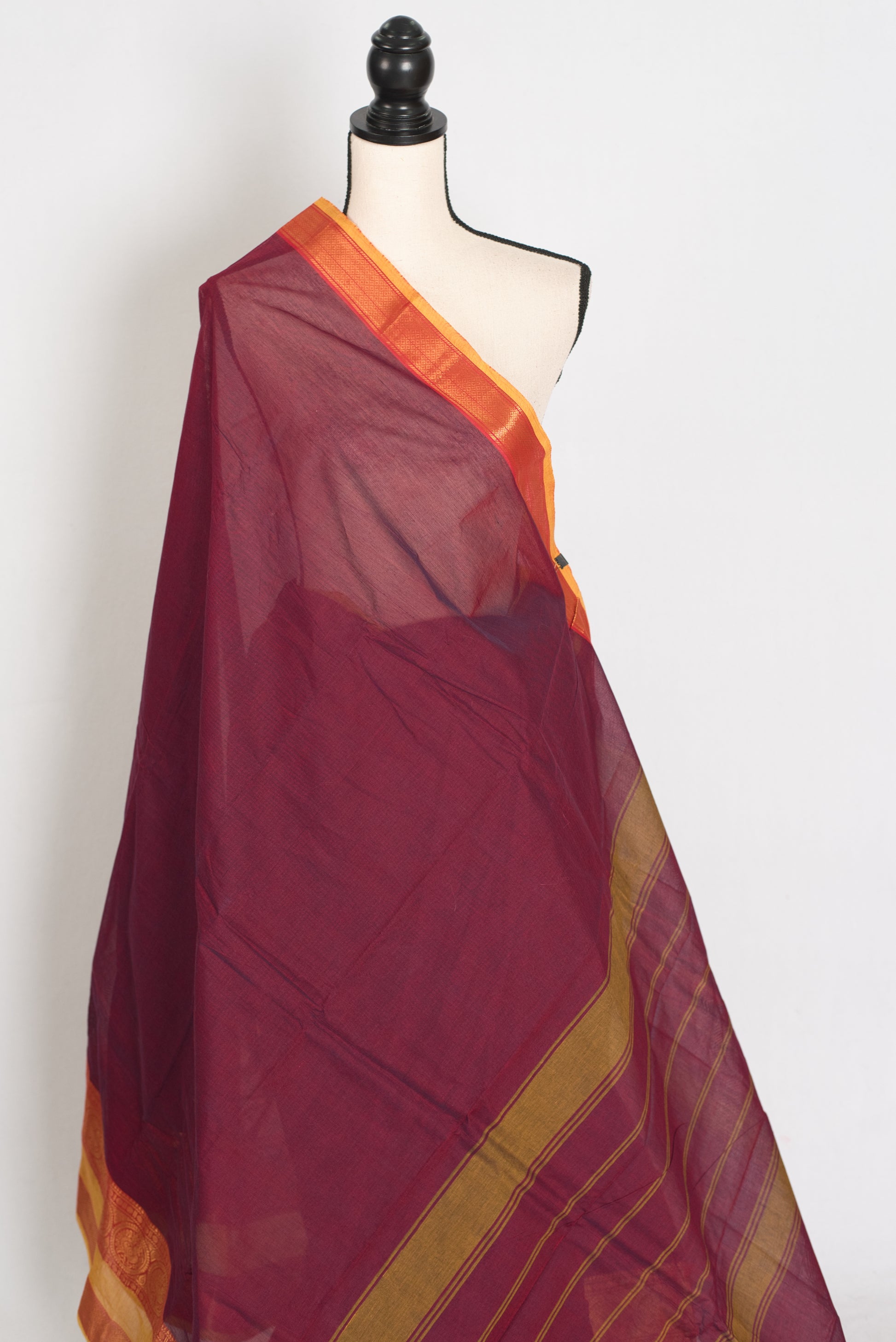 Mandira : Handwoven Kanchi Cotton Saree in Maroon and Yellow