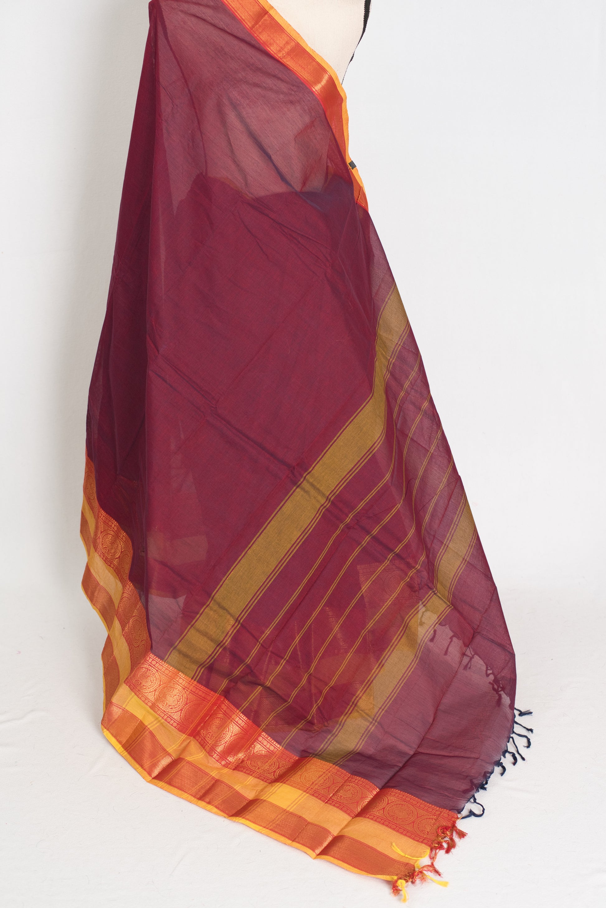 Mandira : Handwoven Kanchi Cotton Saree in Maroon and Yellow