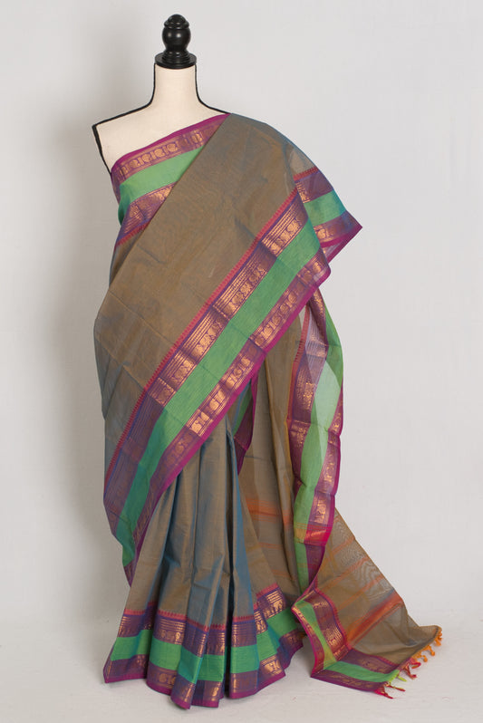 Shyama : Kanchi Cotton Saree - Handwoven South Indian Elegance in English Green