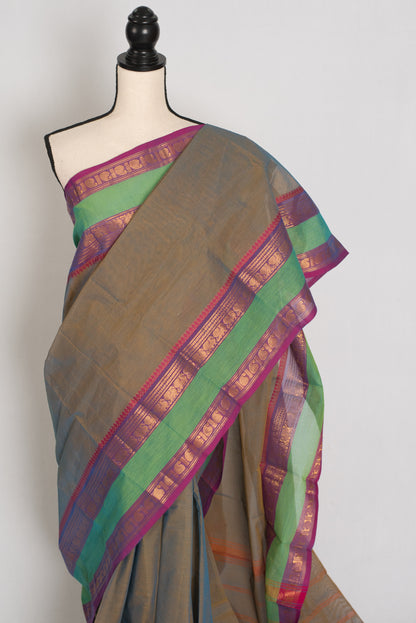 Shyama : Kanchi Cotton Saree - Handwoven South Indian Elegance in English Green