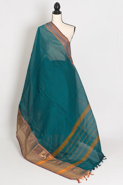 Rama : Handwoven Rama Green Cotton Kanjivaram Saree