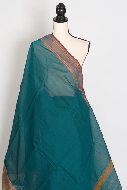 Rama : Handwoven Rama Green Cotton Kanjivaram Saree