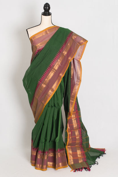Janaki : Handwoven Kanchi Cotton Saree in Green and Matte Purple