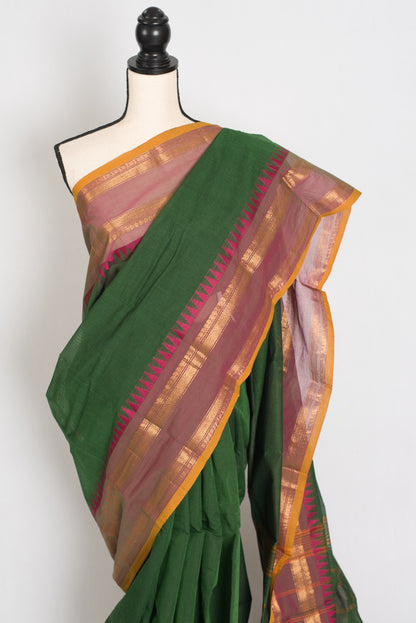 Janaki : Handwoven Kanchi Cotton Saree in Green and Matte Purple