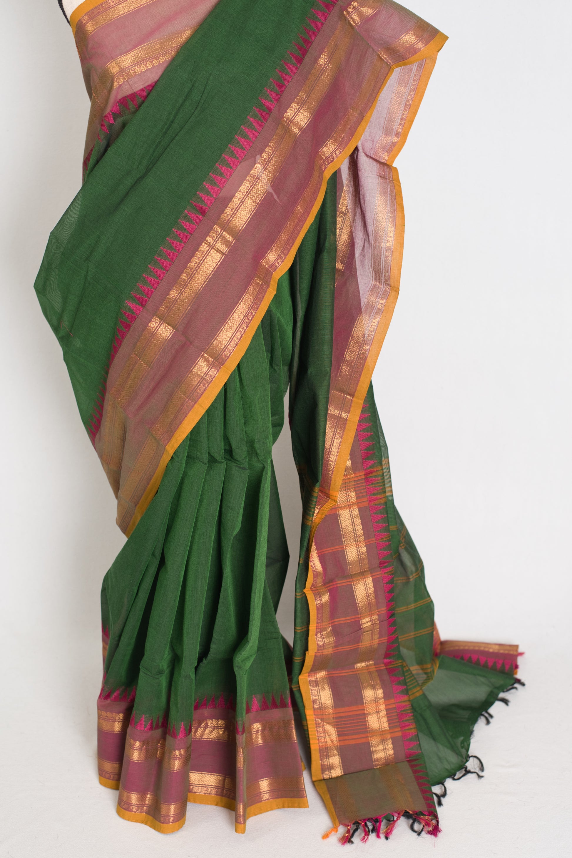 Janaki : Handwoven Kanchi Cotton Saree in Green and Matte Purple