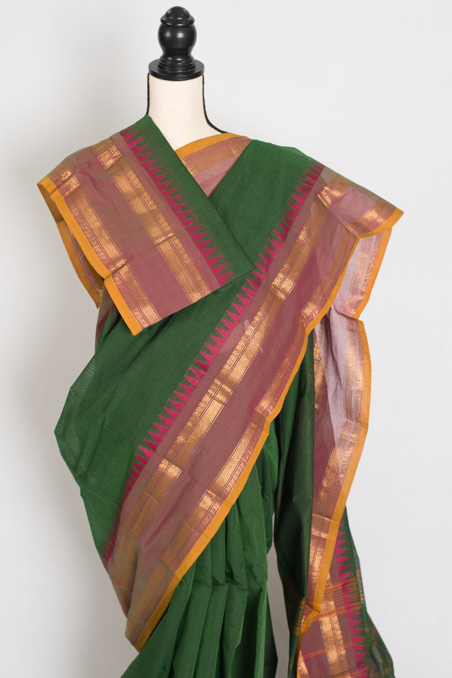 Janaki : Handwoven Kanchi Cotton Saree in Green and Matte Purple