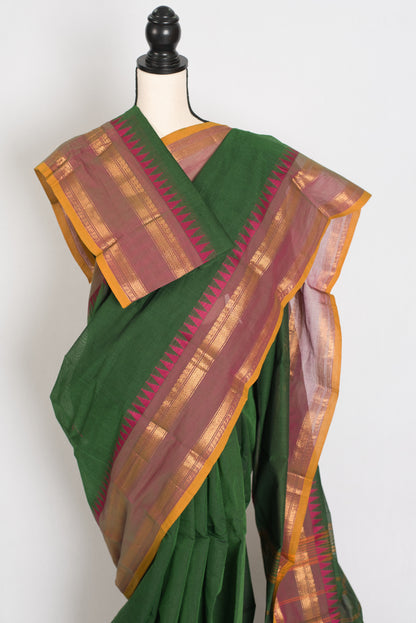 Janaki : Handwoven Kanchi Cotton Saree in Green and Matte Purple