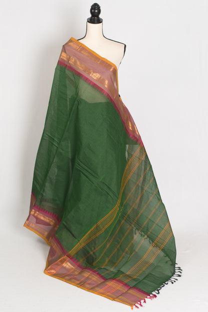 Janaki : Handwoven Kanchi Cotton Saree in Green and Matte Purple
