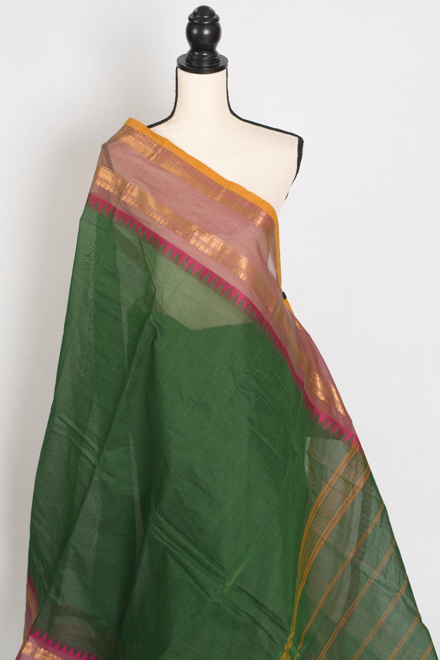 Janaki : Handwoven Kanchi Cotton Saree in Green and Matte Purple