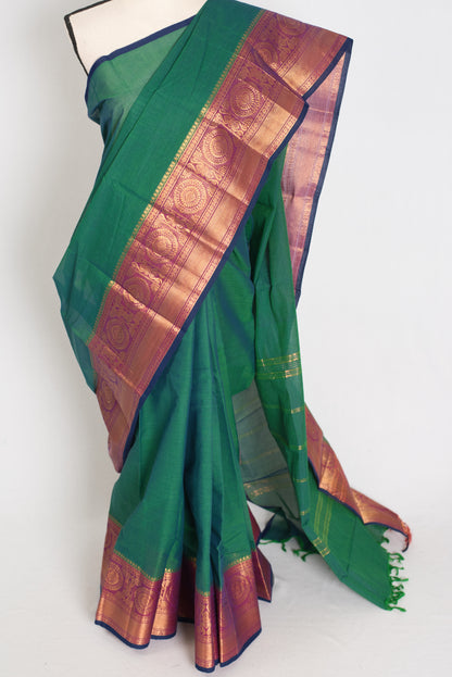 Valli : Peacock Green Kanchi Cotton Saree - Handwoven South Indian Elegance