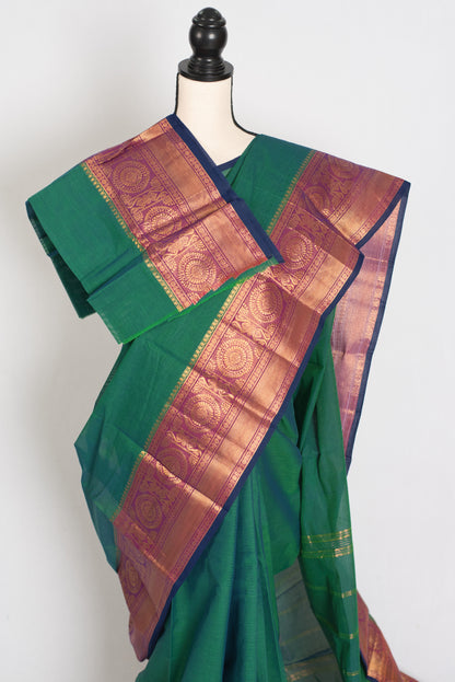 Valli : Peacock Green Kanchi Cotton Saree - Handwoven South Indian Elegance