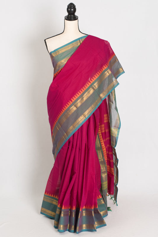 Kaviya: Dark Pink Kanchi Cotton Saree - Handwoven South Indian Elegance