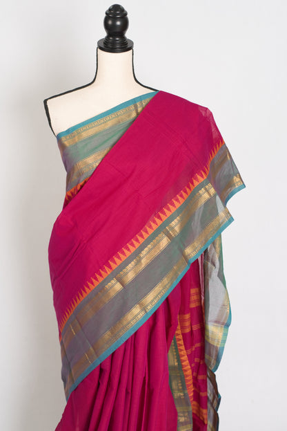 Kaviya: Dark Pink Kanchi Cotton Saree - Handwoven South Indian Elegance