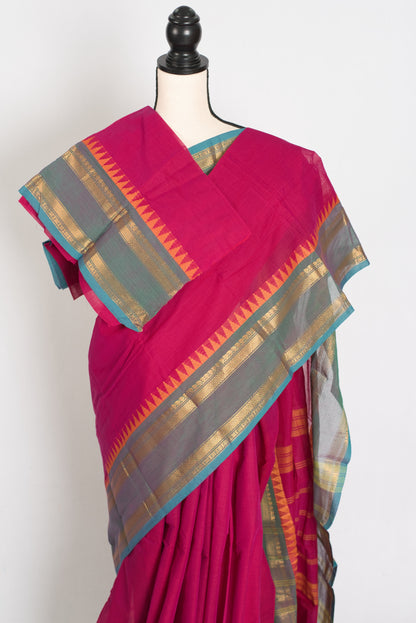Kaviya: Dark Pink Kanchi Cotton Saree - Handwoven South Indian Elegance