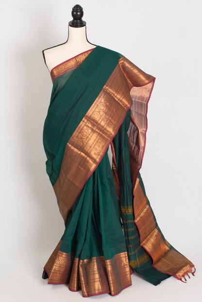 Gayetri : Handwoven Kanchi Cotton Saree in Peacock Green
