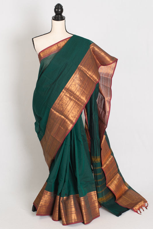 Gayetri : Handwoven Kanchi Cotton Saree in Peacock Green