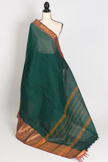 Gayetri : Handwoven Kanchi Cotton Saree in Peacock Green