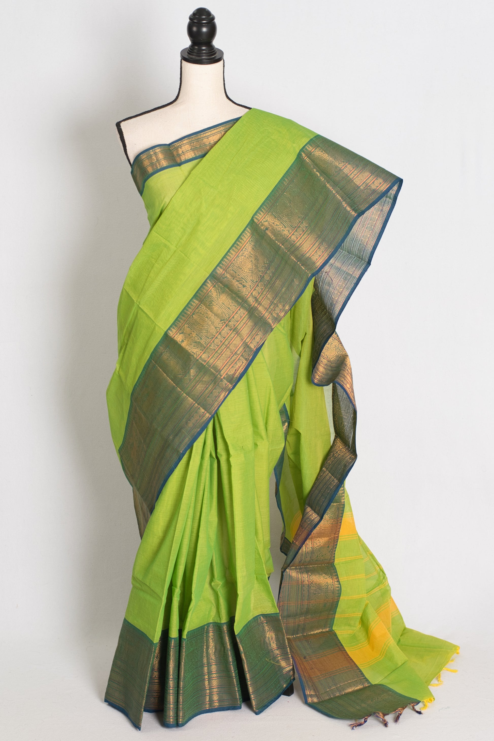 Handwoven Kanchi Cotton Saree in Bright Green and Blue - Pic 1