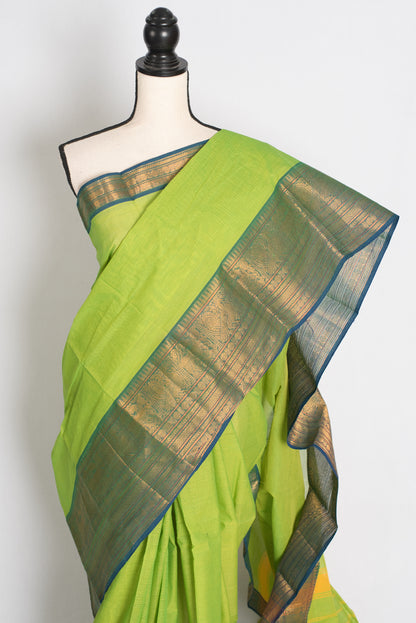 Handwoven Kanchi Cotton Saree in Bright Green and Blue - Pic 2
