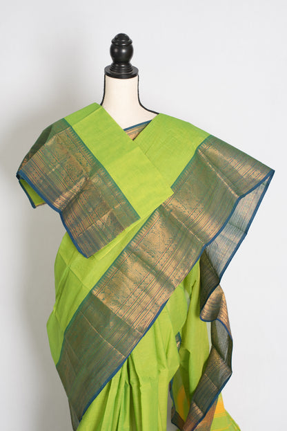 Handwoven Kanchi Cotton Saree in Bright Green and Blue - Pic 4