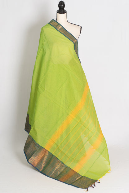 Handwoven Kanchi Cotton Saree in Bright Green and Blue - Pic 5