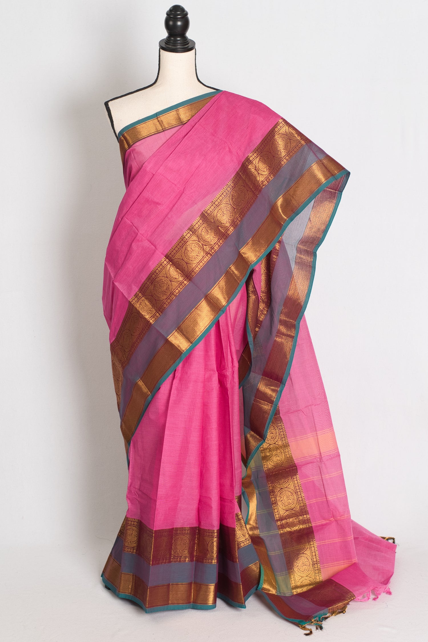 Handwoven Kanchi Cotton Saree in Pink and Peacock Blue - Pic 1
