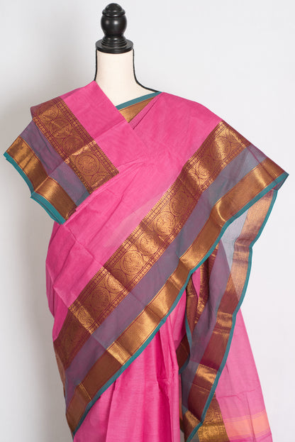 Handwoven Kanchi Cotton Saree in Pink and Peacock Blue - pic 4