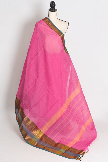 Handwoven Kanchi Cotton Saree in Pink and Peacock Blue - pic 5