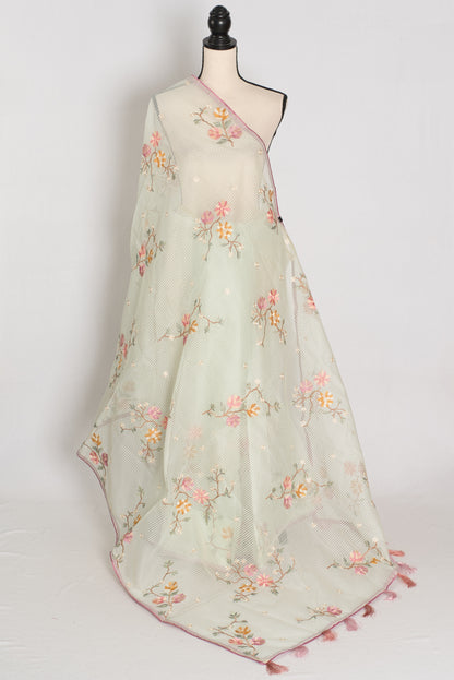 Sea green blended cotton kota saree with floral embroidery, self checks pattern, and pink piping border.