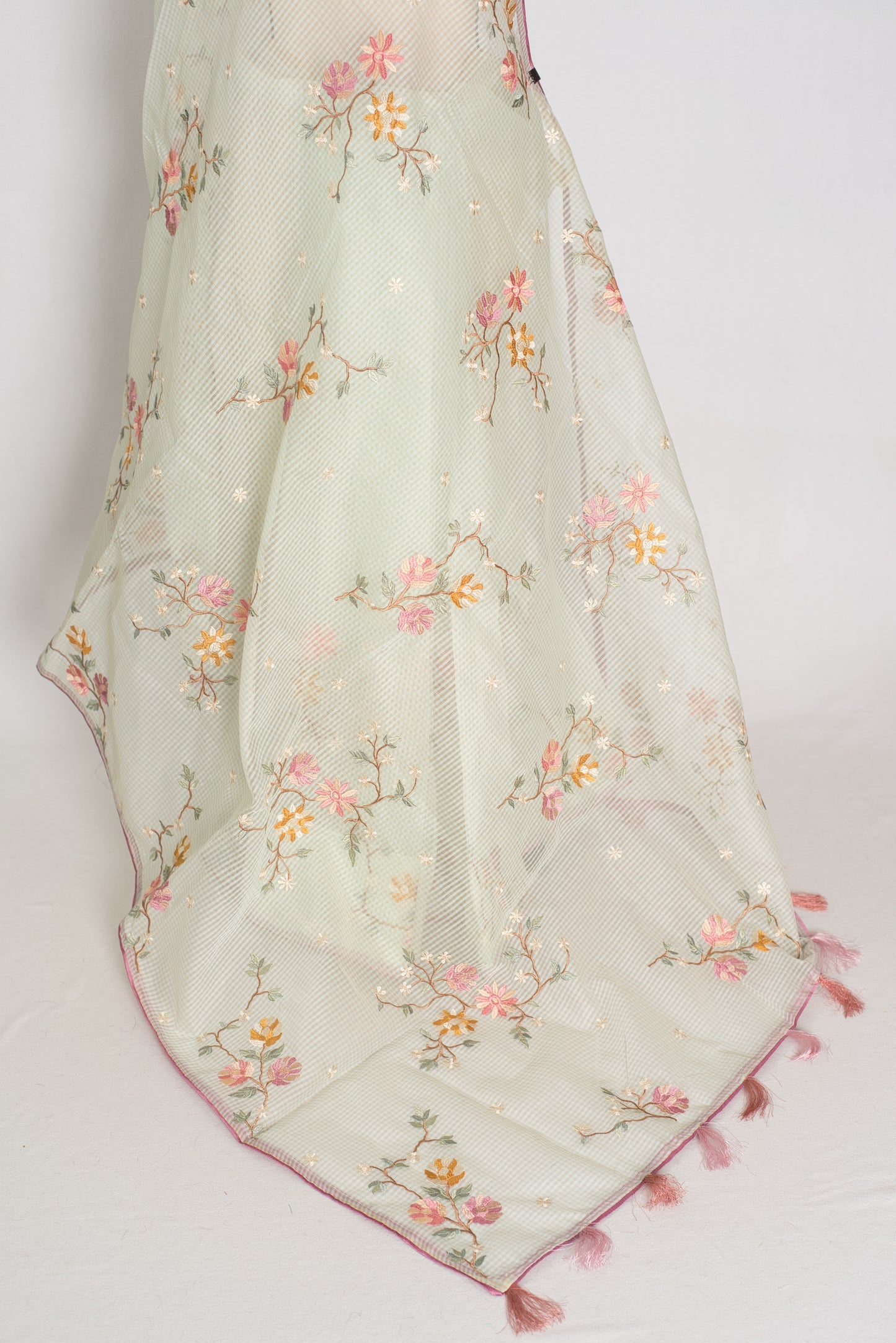 Sea green blended cotton kota saree with floral embroidery, self checks pattern, and pink piping border.