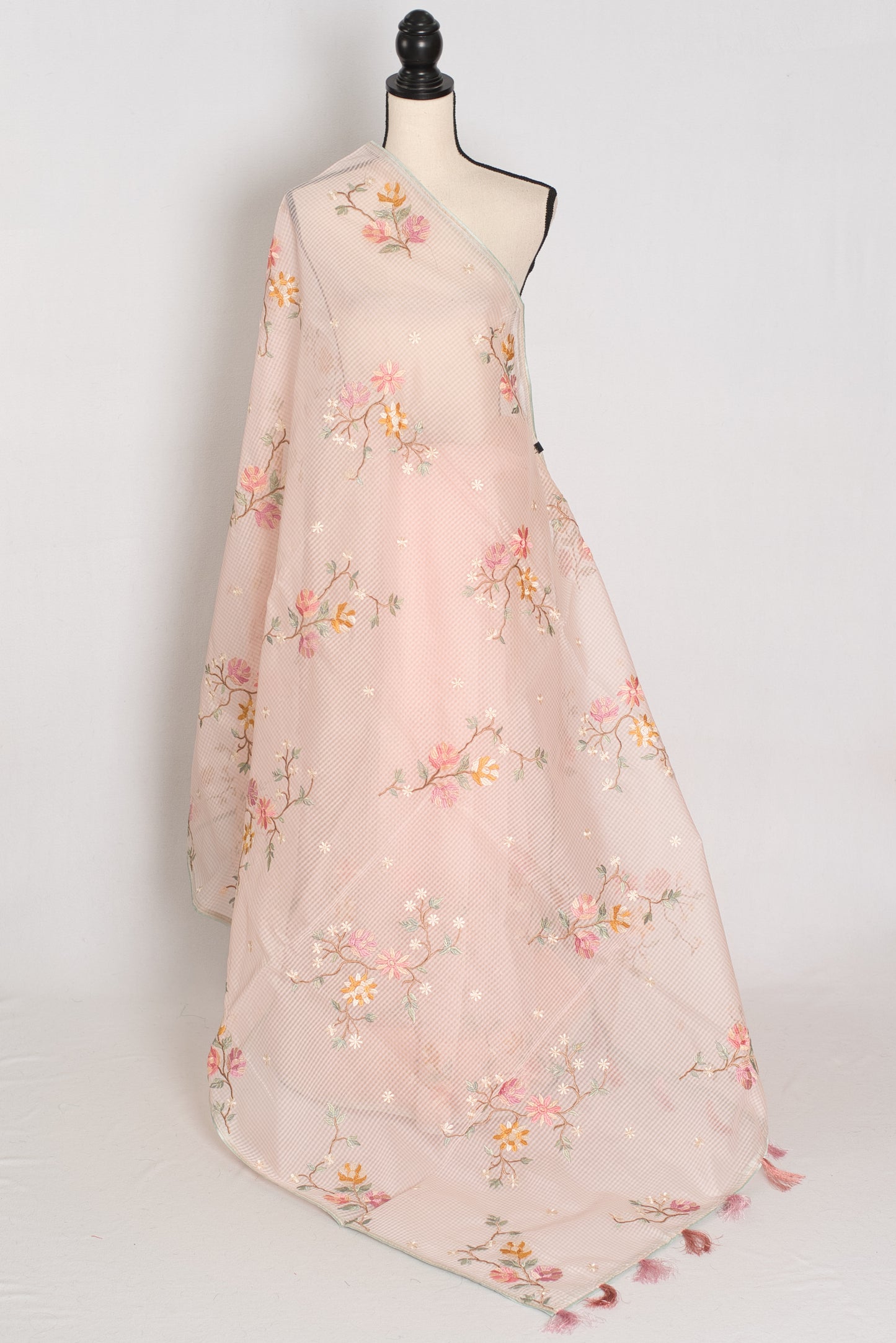 Rohini collection: Pink blended cotton kota saree with floral embroidery, self checks, and sky blue piping border.