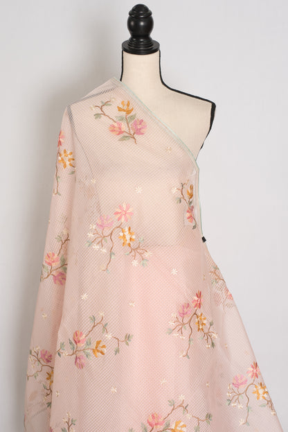Rohini collection: Pink blended cotton kota saree with floral embroidery, self checks, and sky blue piping border.