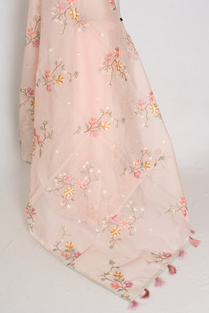 Rohini collection: Pink blended cotton kota saree with floral embroidery, self checks, and sky blue piping border.