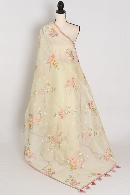 Ragini collection: Sea green blended cotton kota saree with pink floral machine embroidery and pink piping border.