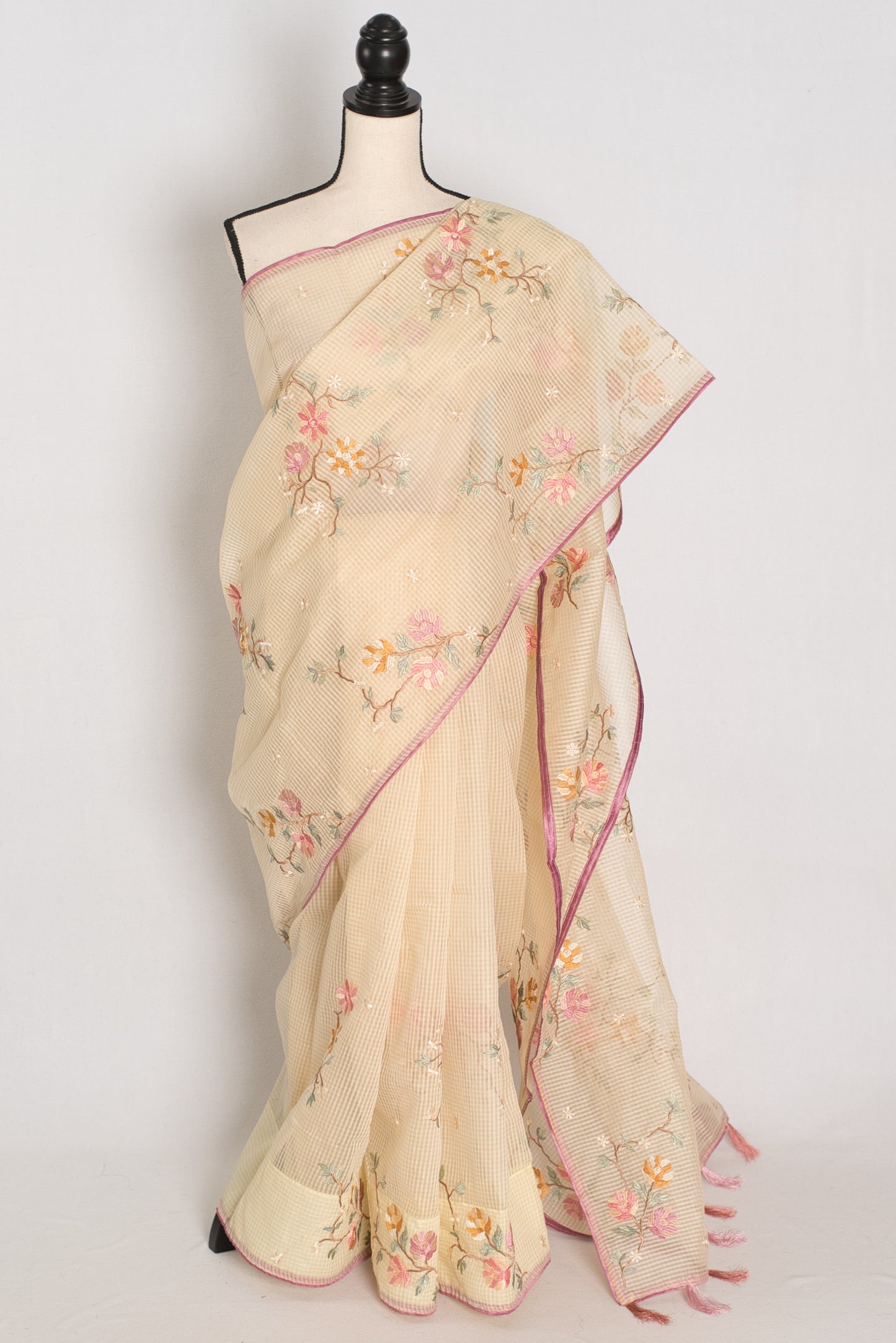 Srija | Yellow Floral Embroidery Blended Cotton Kota Saree image 1