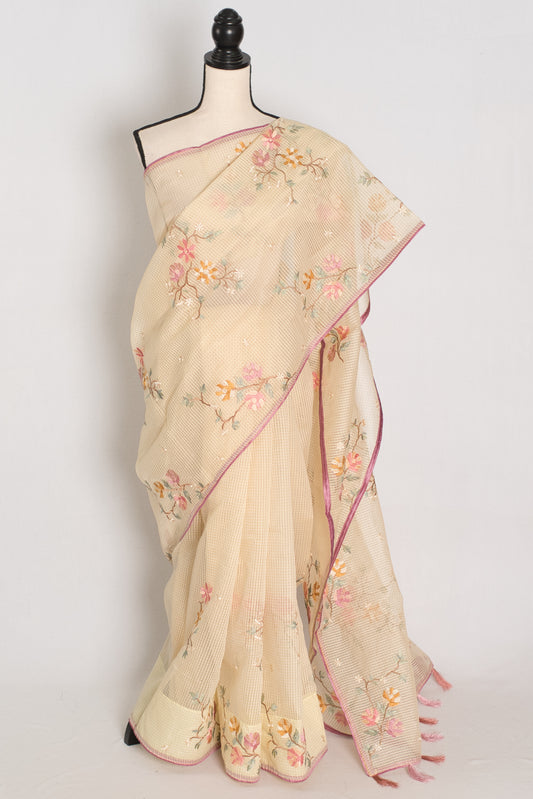 Srija | Yellow Floral Embroidery Blended Cotton Kota Saree image 1