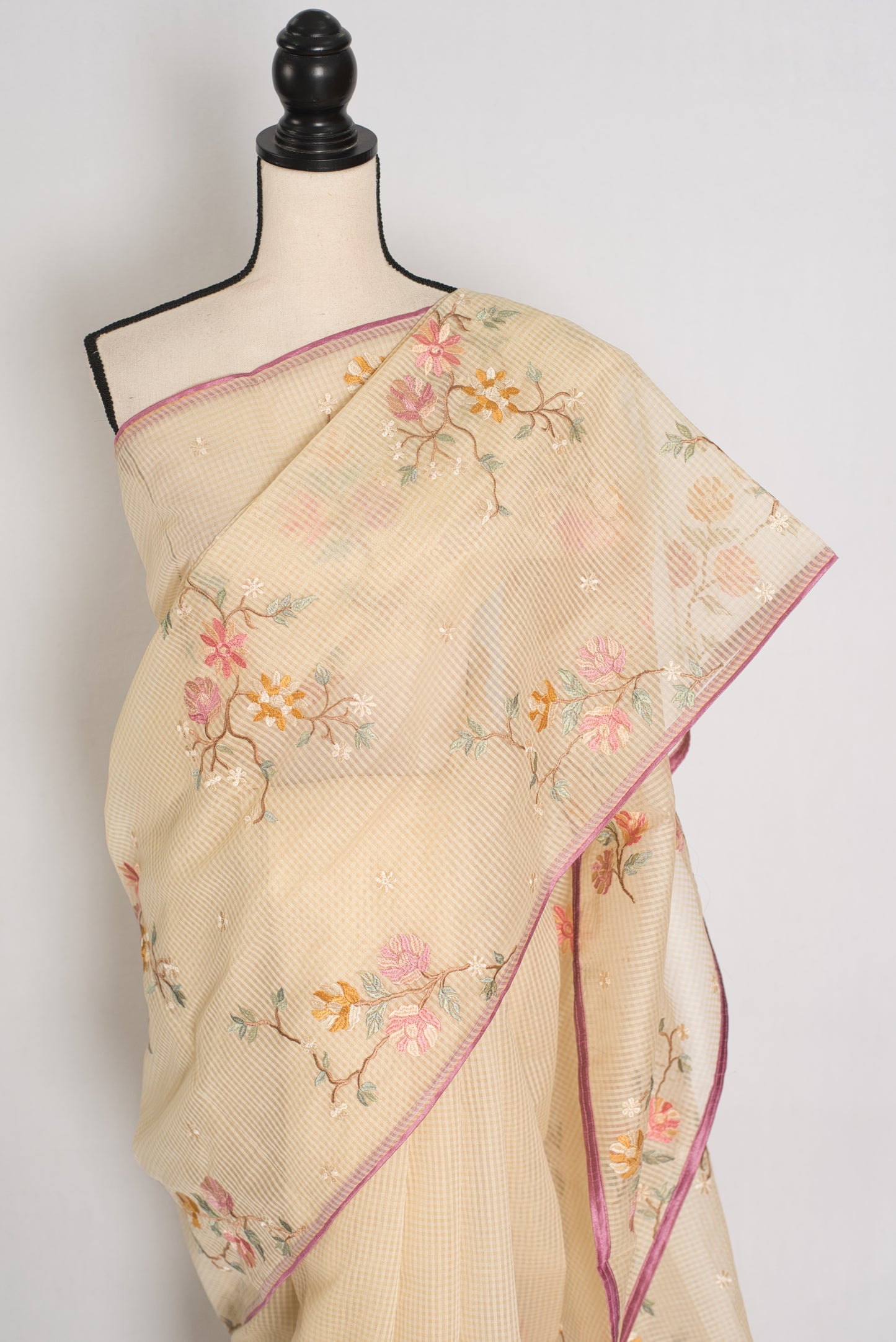 Srija | Yellow Floral Embroidery Blended Cotton Kota Saree image 2