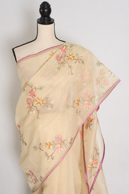 Srija | Yellow Floral Embroidery Blended Cotton Kota Saree image 2